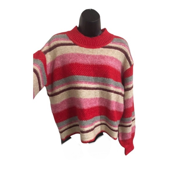 Jessica Simpson pink multi‎ striped fuzzy high crewneck sweater size small new - Picture 15 of 15